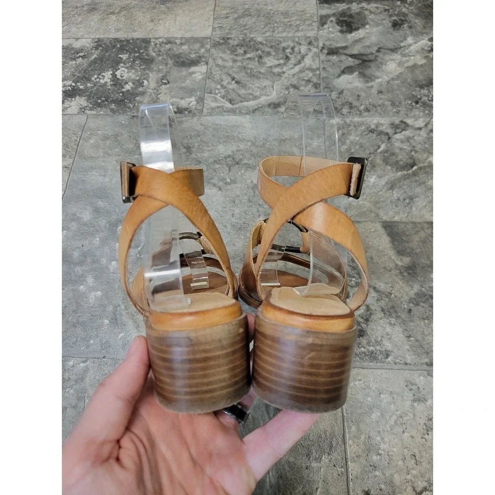 Seychelles Leather Sandals Tan Ankle Strap O-Ring Block Heel‎ Size 8